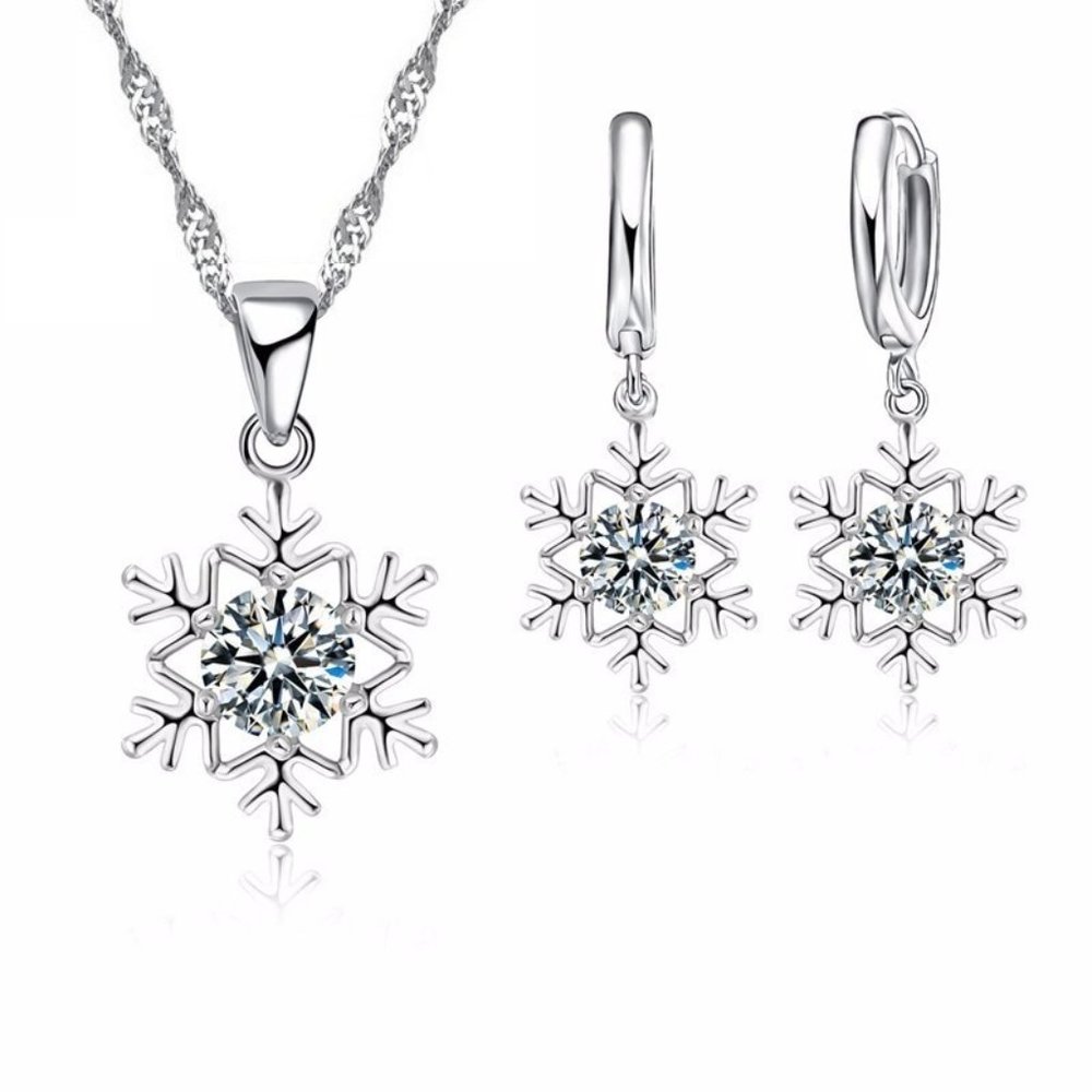 🌟 925 Sterling Silver Necklace Earrings Snowflake Set Drop - Picture 1 of 7